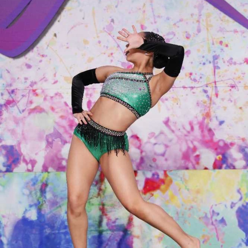 Glamor costume Green Dance Costume with Black Accents
